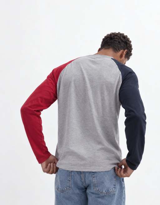 ASOS DESIGN oversized langærmet raglan T-shirt i gråmeleret og rød, 7 af 10