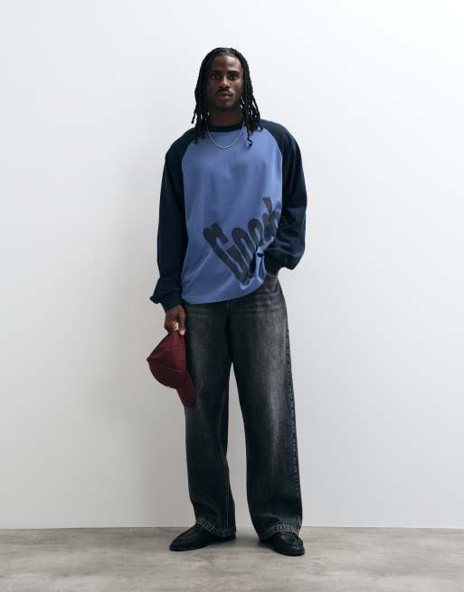 ASOS DESIGN oversized langærmet raglan-T-shirt med tekstprint i blå, 3 af 5