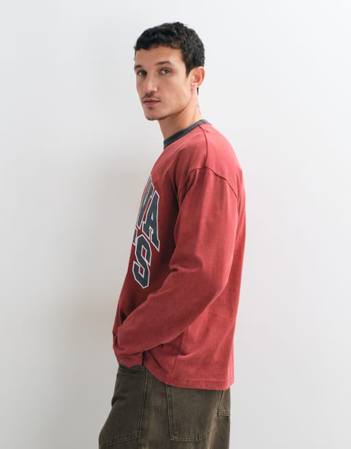 ASOS DESIGN oversized langærmet ringer-T-shirt med tekst i vasket rødt, 4 af 9