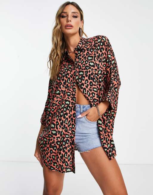 ASOS DESIGN - Oversized langærmet skjorte i rødt leopardprint