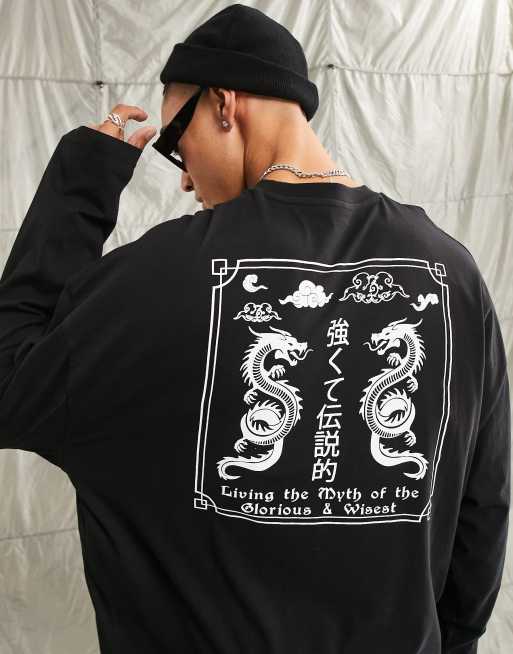 ASOS DESIGN - Oversized, langærmet T-shirt i sort med souvenir-print på ryggen