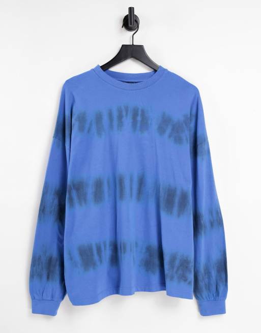 ASOS DESIGN - Oversized langærmet T-shirt i sort og blå tie-dye med striber