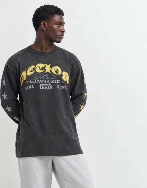ASOS DESIGN oversized langærmet T-shirt med print i vasket sort, 6 af 9