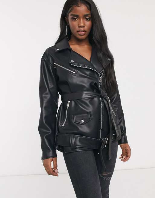 ASOS DESIGN oversized leather look biker jacket in black | ASOS