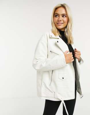 ASOS DESIGN oversized leather look biker jacket in white | ASOS