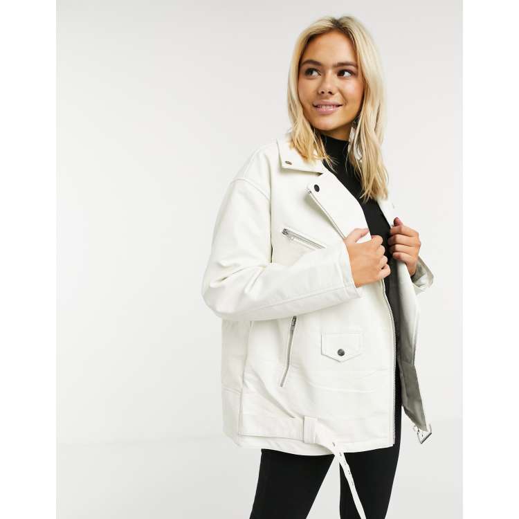 ASOS DESIGN white oversize leather look biker jacket