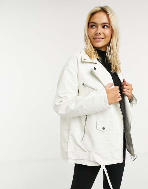 ASOS DESIGN Curve oversized leather look biker jacket in white