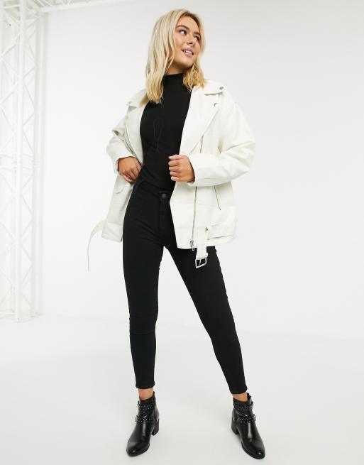 ASOS DESIGN oversized leather look biker jacket in white