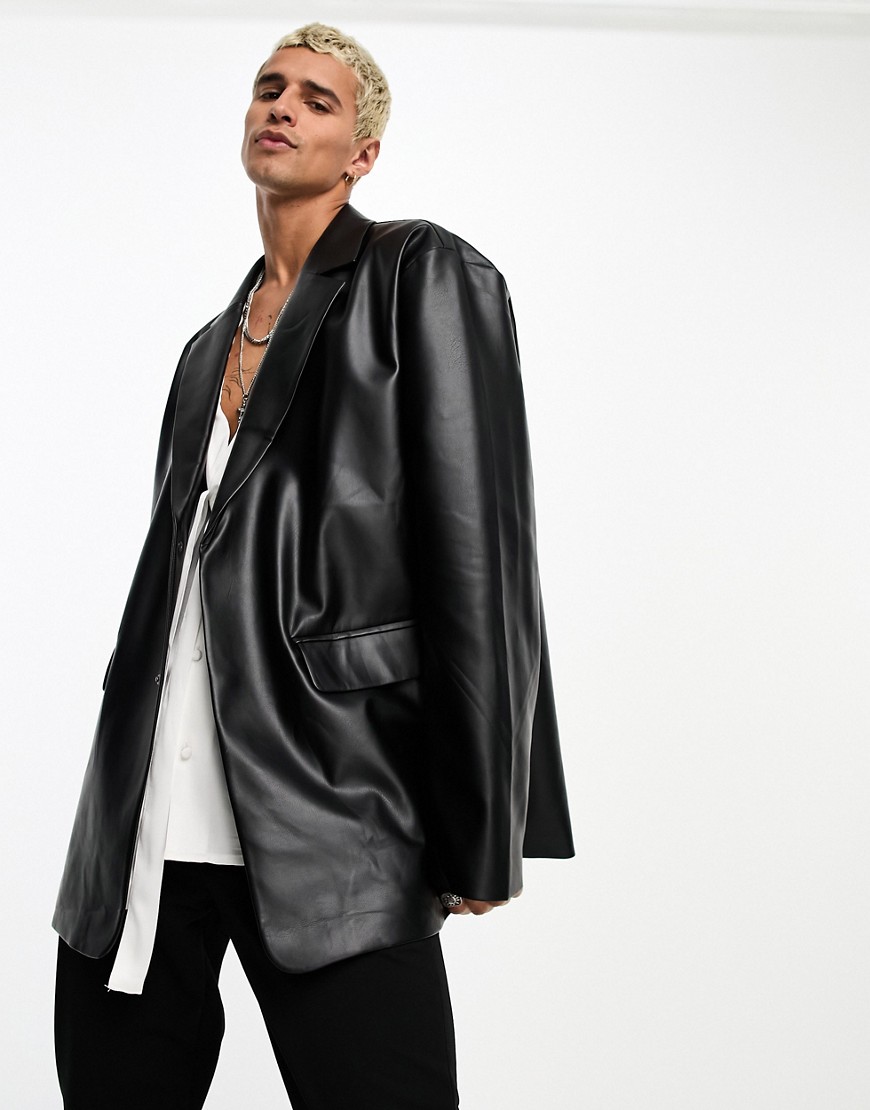 oversized leather look blazer in black