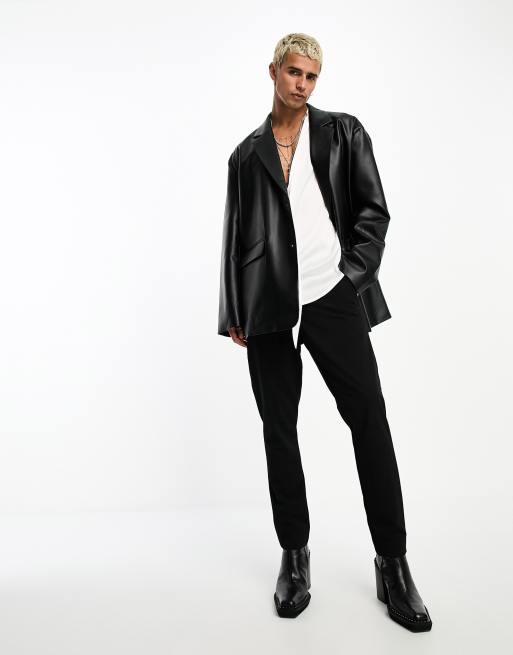 ASOS DESIGN oversized leather look dad blazer in black