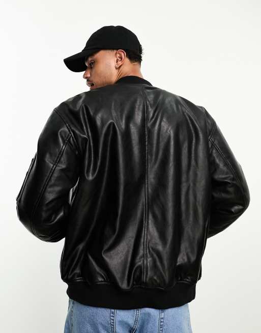 Asos mens leather bomber jacket best sale