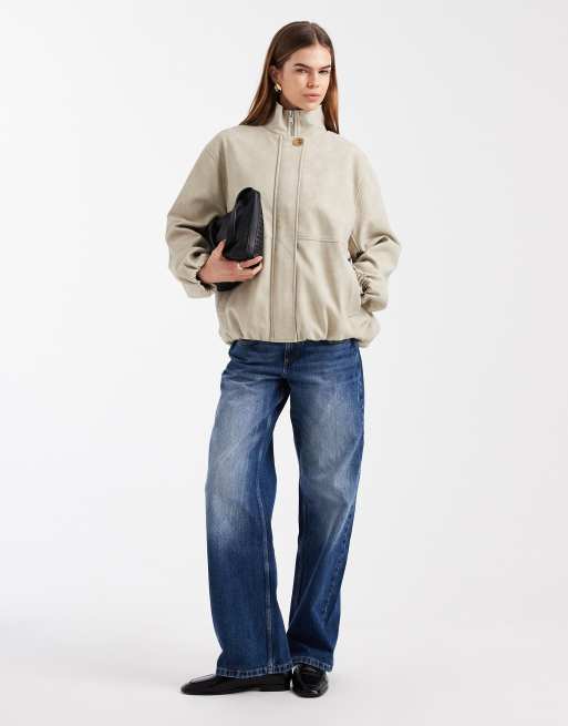 ASOS DESIGN oversized leather look bubble hem funnel neck jacket in stone, 2 of 4