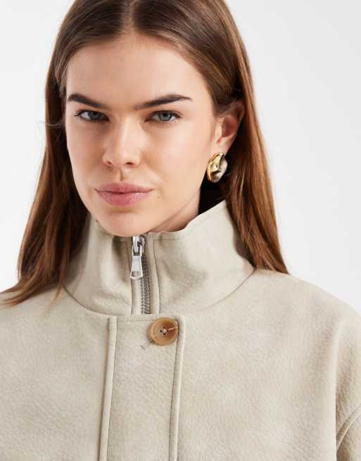 ASOS DESIGN oversized leather look bubble hem funnel neck jacket in stone, 3 of 4