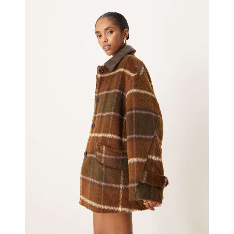 ASOS DESIGN oversized leather look collar jacket in brown check | ASOS