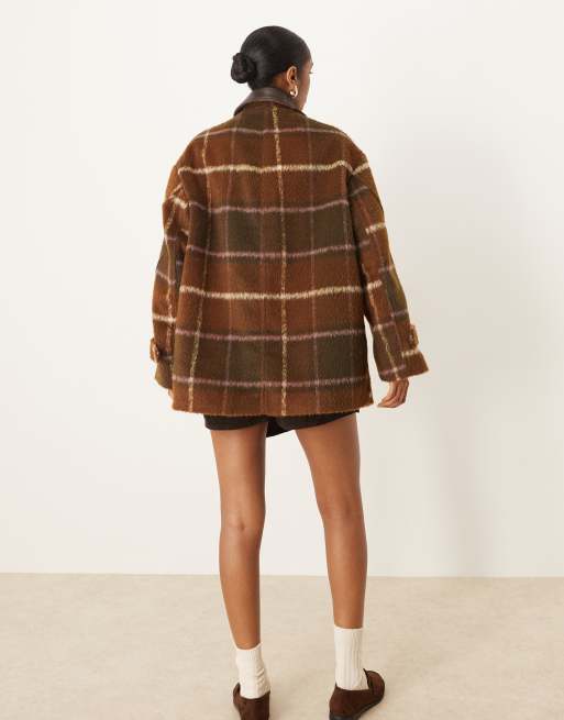 ASOS DESIGN oversized leather look collar jacket in brown check