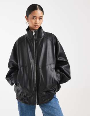 Asos Design Oversized Leather Look Funnel Bomber Jacket In Black