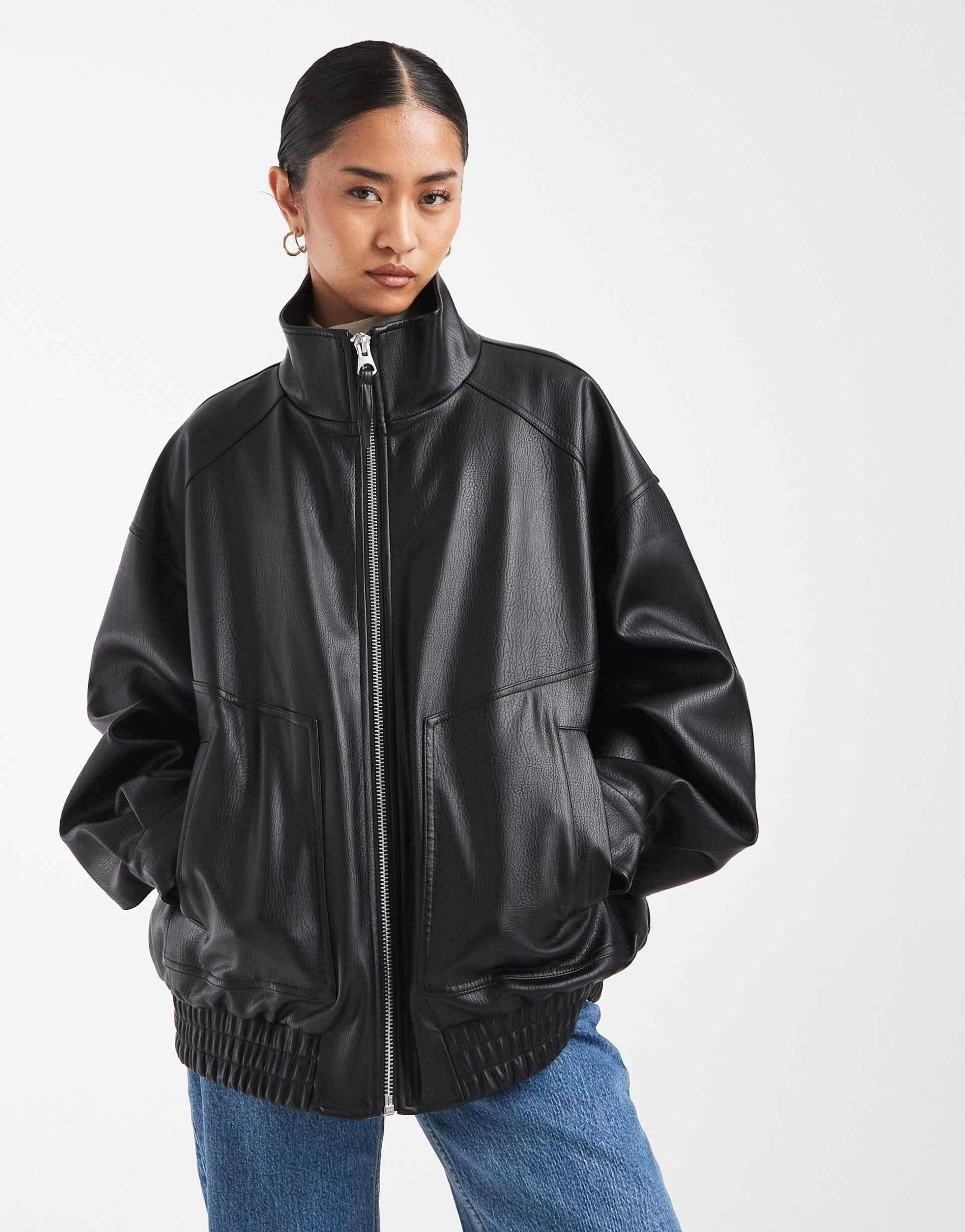 asos design oversized leather look funnel bomber jacket in black