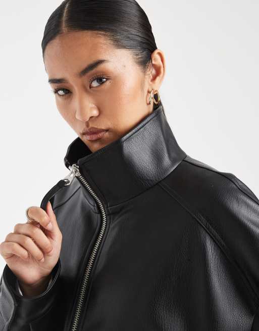 ASOS DESIGN oversized leather look funnel bomber jacket in black, 3 of 4