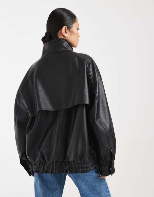 ASOS DESIGN oversized leather look funnel bomber jacket in black, 4 of 4
