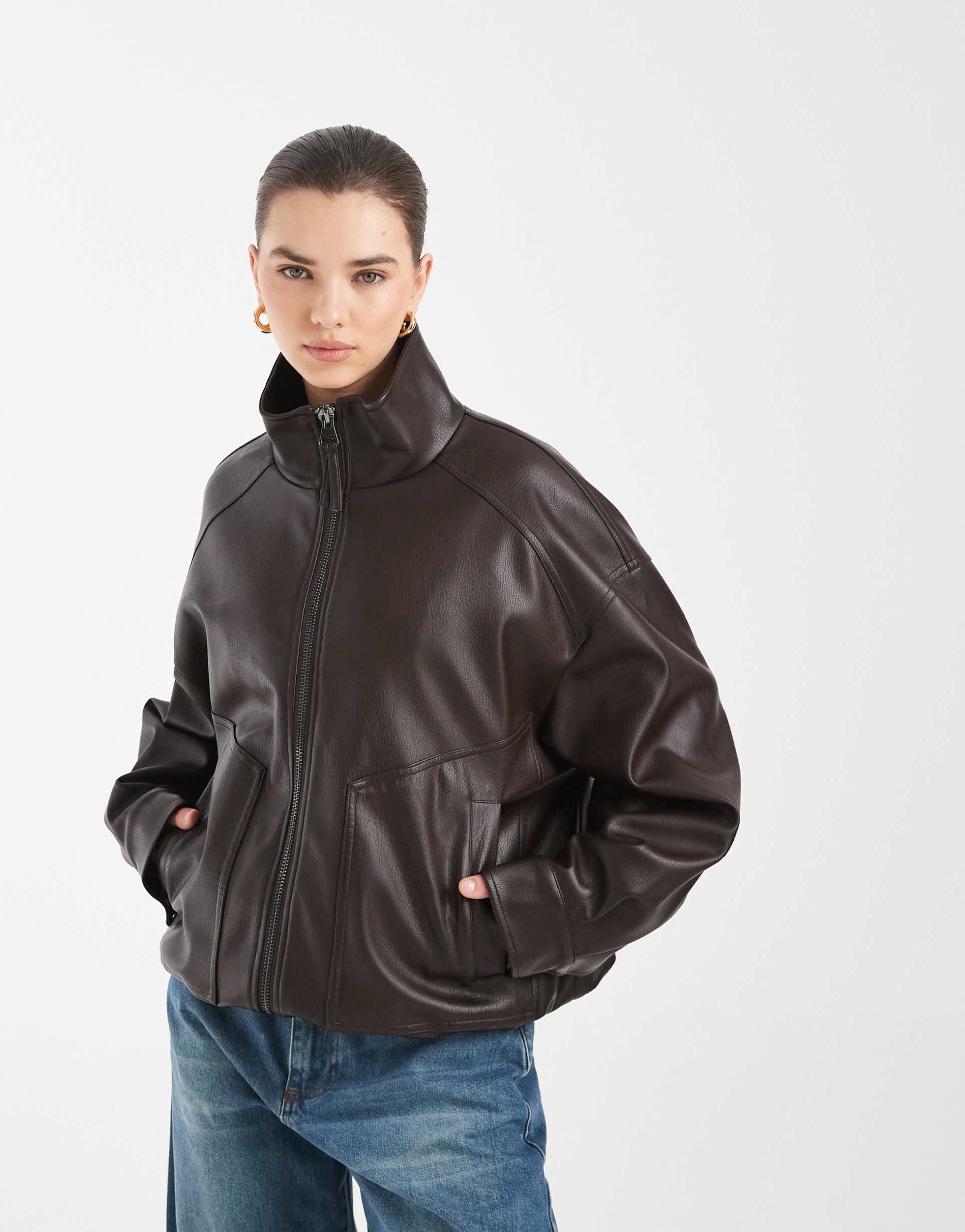 asos design oversized leather look funnel bomber jacket in chocolate