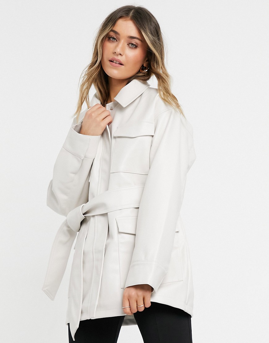 ASOS DESIGN oversized leather look jacket with pocket detail in cream-White