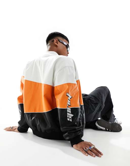 ASOS DESIGN oversized leather look motocross bomber jacket in
