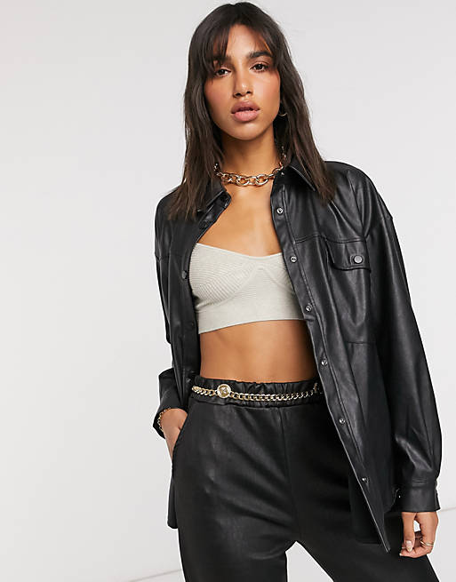 ASOS DESIGN oversized leather look shacket in black | ASOS