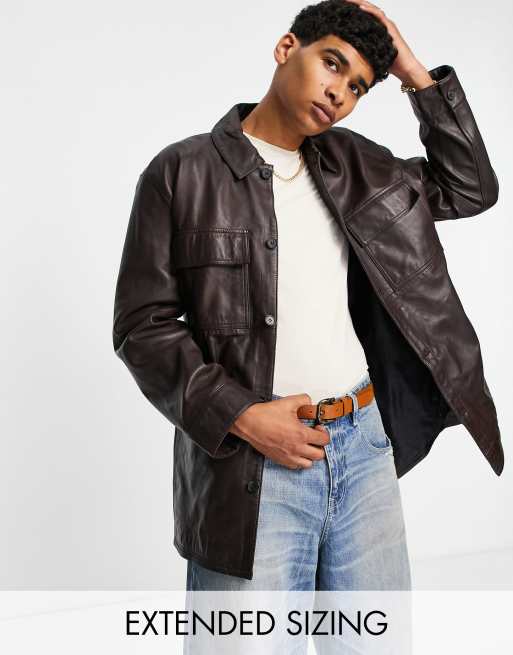 ASOS DESIGN oversized leather look shacket in burgundy