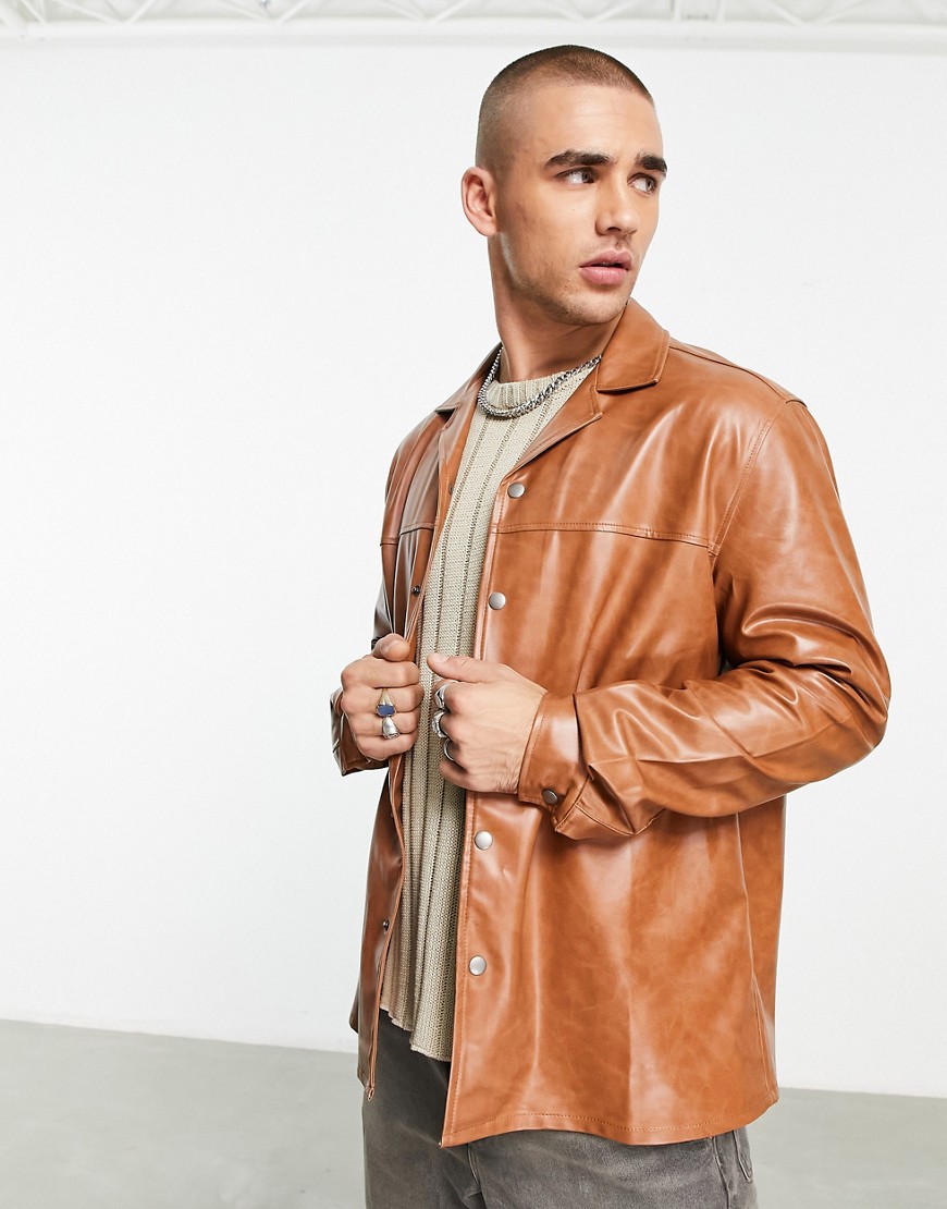 Asos Design Oversized Leather Look Shirt In Brown With Vintage Wash