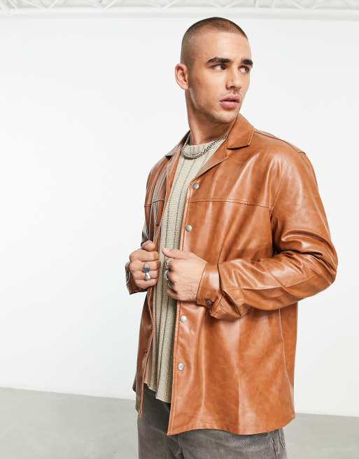 ASOS DESIGN oversized leather look shirt in brown with vintage ...