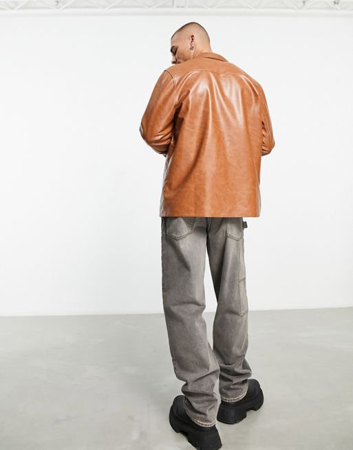 ASOS DESIGN oversized leather look shirt in brown with vintage ...