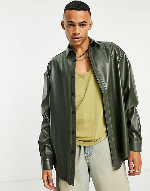 Shirts oversized leather look shirt in olive 