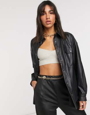 ASOS DESIGN oversized leather-look shirt jacket in black | ASOS