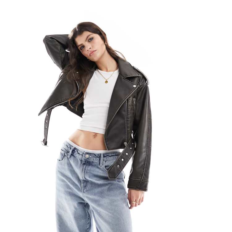 Black Oversized Belted Hem Cropped Biker Jacket