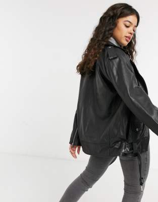 ASOS DESIGN oversized leather moto jacket in black