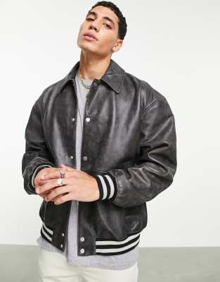 Asos Design Oversized Real Leather Varsity Bomber Jacket In Black