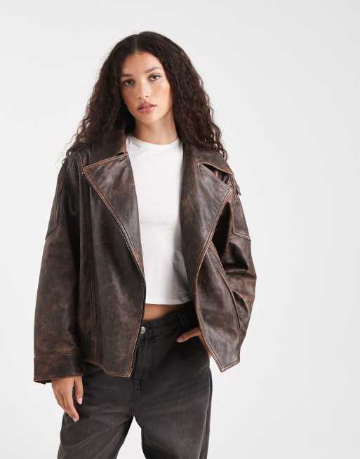 ASOS DESIGN – Oversize-Bikerjacke aus Leder in verwaschenem Braun mit gestepptem Innenfutter
