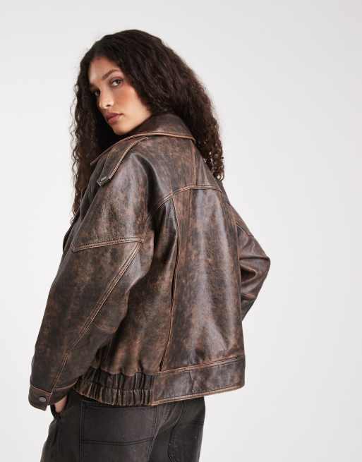 ASOS DESIGN – Oversize-Bikerjacke aus Leder in verwaschenem Braun mit gestepptem Innenfutter