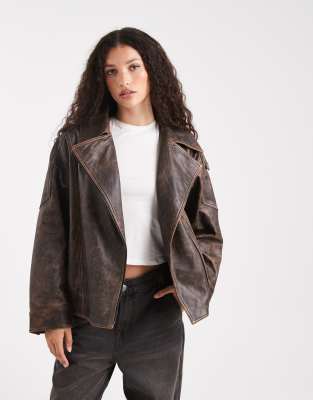Asos Design Oversized Leather Washed Moto Jacket With Quilt Lining In Brown