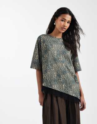 Asos Design Oversized Leopard Print With Lace Hem-multi