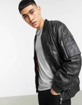 asos design leather bomber jacket in black