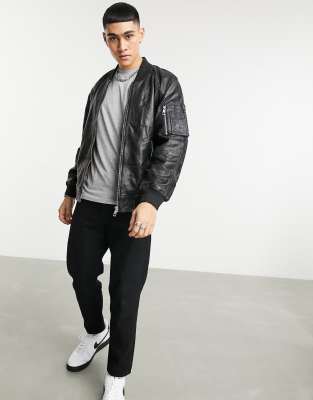 asos design leather bomber jacket in black