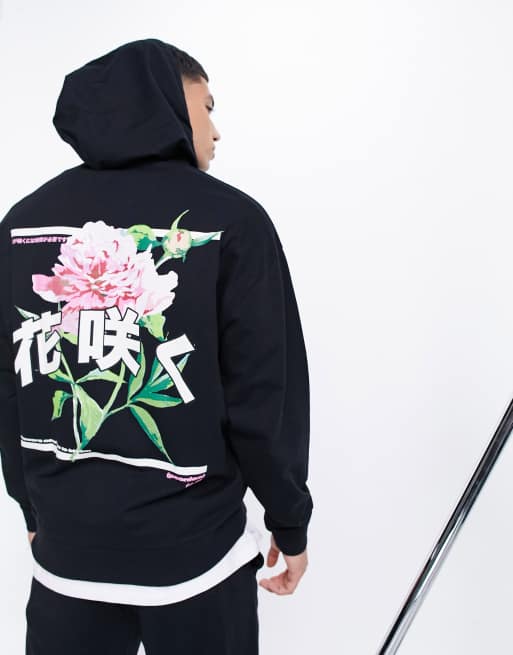 ASOS DESIGN - Oversized lichtgewicht hoodie in zwart met bloemenprint op de achterkant, deel van co-ord set