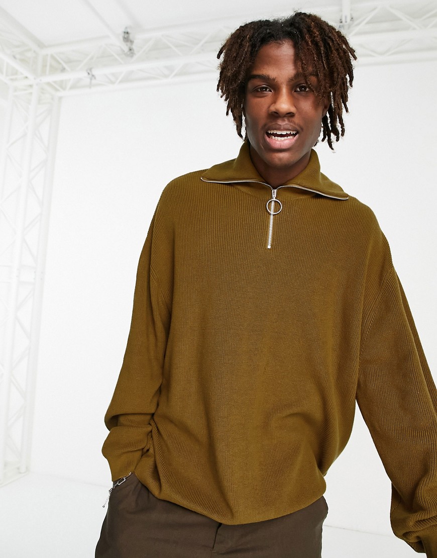 ASOS DESIGN oversized lightweight half zip sweater in khaki-Green