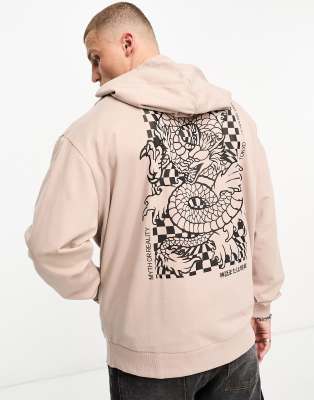 Asos Design Oversized Lightweight Hoodie In Beige With Dragon Back And Text Front Print-brown