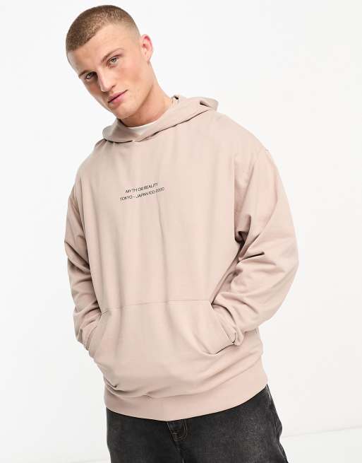 ASOS DESIGN oversized lightweight hoodie in beige with dragon back