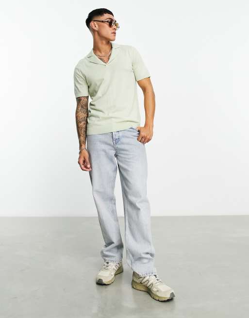 ASOS DESIGN knit textured polo shirt in sage green