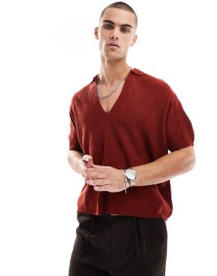 oversized lightweight knit overhead shirt with check design in dark red