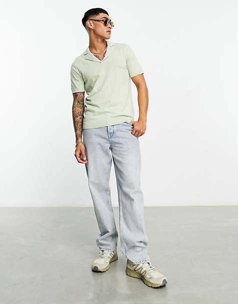 ASOS DESIGN oversized lightweight knitted cotton revere polo in sage