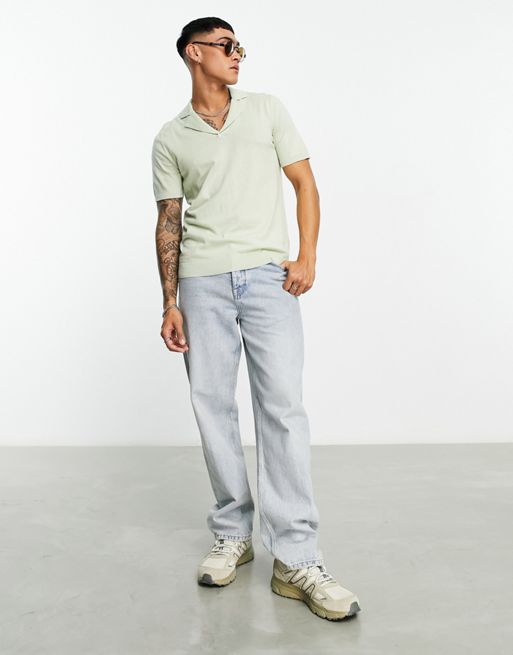 ASOS DESIGN oversized lightweight knitted cotton revere polo in sage | ASOS